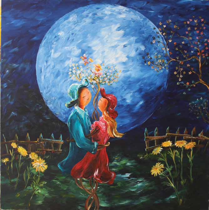 “Dolunay ve Mutluluk”, T.Ü. Akrilik, 2017, 76x76 cm.