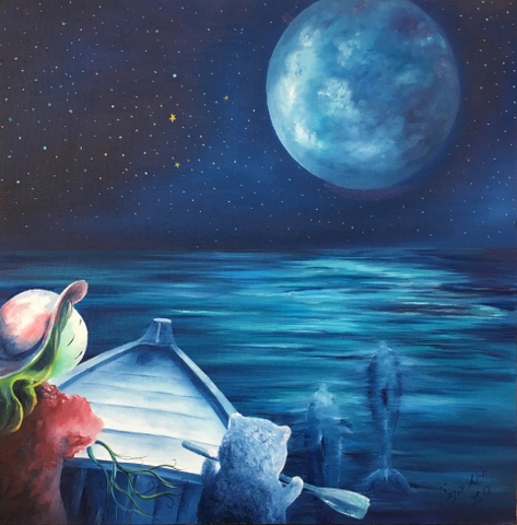 ''The World Of Children'' -Go To Do Moon- 40x40cm Oil Color On Canvas 2020